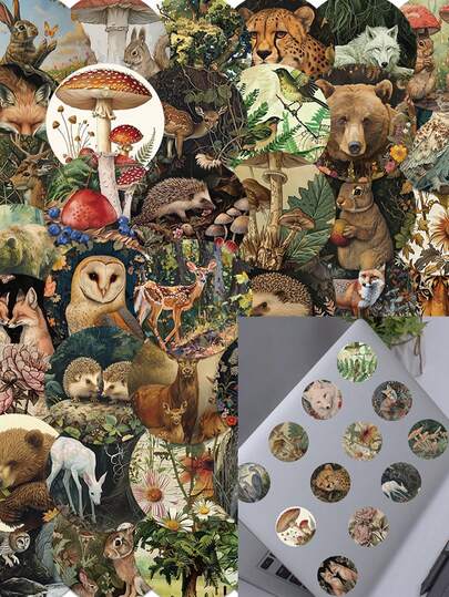 50pcs/Set Retro Aesthetic Cartoon Forest Plants Animals Stickers, Decorative Decals For Stationery Luggage Notebook Journal Laptop Phone Sticker