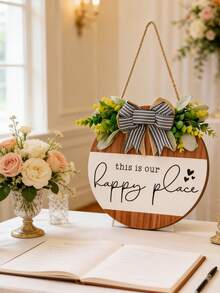 1pc Plaid Bow Welcome Sign, Butterfly Wreath Decor, Suitable For Home, Office, Yard, Farmhouse, Wooden Sign With "This Is Where Our Happy Begins" Text, Striped Bow Rustic Style All-Season Wall Hanging, Suitable As Housewarming Gift - A - View 11