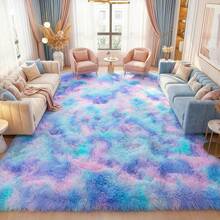Soft Shaggy Area Rug For Living Room, Thick Fuzzy Rug For Bedroom, Modern Spring Decor Aesthetic, Upgrade Non-Slip Fluffy Carpet, Ideal Gift For Mother's Day,Housewarming, Easter, Dry Clean Only, With 4 Carpet Stickers, Tie-Dye Blue Rainbow - 紮染蘭彩虹 - 查看 2