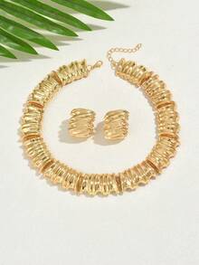3pcs Vintage Metallic Crinkle Texture Gold Jewelry Set, Including Earrings And Necklace, Fashionable And Elegant - Gold - View 6