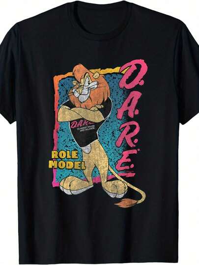 Program 90'S Retro Daren The Lion Role Model (Vintage 90s Cartoon, DARE Lettering & Lion)Heavyweight Cotton Printed Tee For Men - Loose Round Neck, Short Sleeve, Summer Casual, Oversized Style, Available S-XXXL