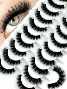 New 10 Pairs 6D Fluffy False Eyelashes, Soft And Fluffy, Handmade, Reusable, Short Natural Style, Thick 3D Faux Mink False Eyelashes, 3D Cilioss False Eyelashes - Black - View 3