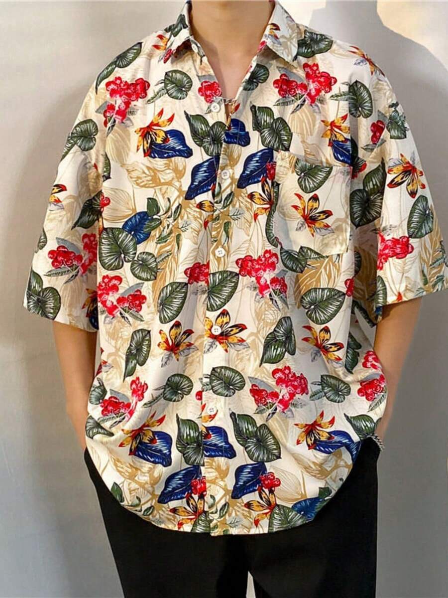 Tropical Paradise Pattern Symbolizing A Vibrant Summer Spirit Filled With Blooming Flowers And Lush Green Leaves Radiating Vitality And Joy 3D Printed Men's Short Sleeve Casual Button Up Shirt - A508D-AT23234 - 查看 1