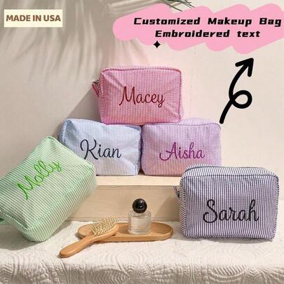 Custom Embroidery Makeup Bag, Bridal Shower Gift, Personalised Bridesmaid Gifts, Wedding Gift, Travel Toiletry Bag,Multi-Functional,Ornamental,Letter,Solid Color,Exquisite,Stylish,Vintage,Modern,Colorful,Leisure,Basics,Casual,Soft,Unique,Customized,Personalized,Custom,Ideal Gifts For Her,Girlfriend,Her,Boyfriend,Friends,Chic Autumn,Christmas Beauty Accessories