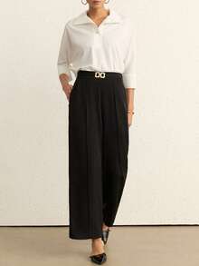 Women's Solid Color Minimalist Daily Wear High Waist Wide Leg Pants, Black Straight Leg Polyester Fabric, Slightly Elastic, Suitable For Autumn/Winter Formal Occasions - Black - View 9
