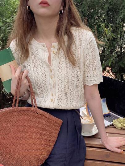 Women's Casual Loose Vacation Style Contrast Color Mesh Short Sleeve Top, Summer