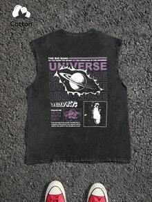 Conjunto sin mangas de algodón lavado, conjunto de ropa urbana con un patrón emo interesante, adecuado para uso casual - Negro - Ver 4