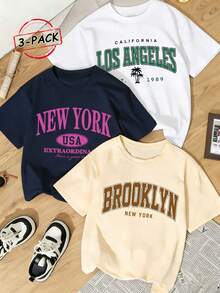 3 chiếc áo thun nữ tay ngắn cổ tròn mùa hè, chủ đề thành phố Mỹ cổ điển, BROOKLYN, NEW YORK, LOS ANGELES, in chữ tối giản, màu trắng thường ngày - trắng - Xem 1
