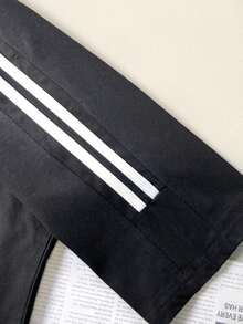 “情书”印花短袖中长款T恤，时尚撞色条纹黑色休闲上衣 - 黑色 - 查看 10