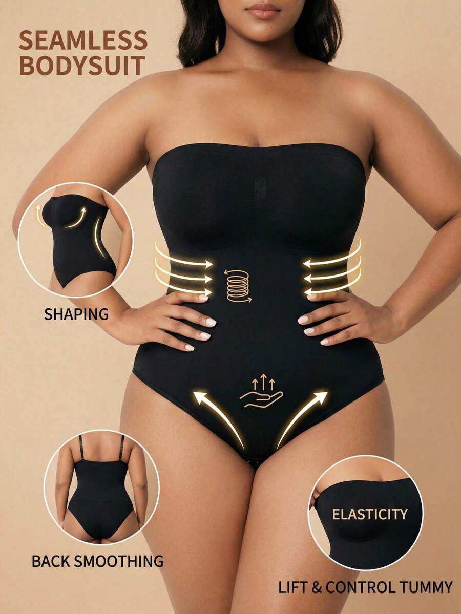 Cravure 1pc Plus Size Women Seamless Waist Cincher & Tummy Control Bodysuit - Black - View 1