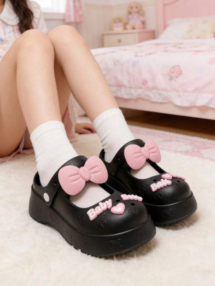 Women's Anti-Slip Thick Sole Floral Bow Heart Decor Pink Korean Style Summer Sandals - Black - View 1