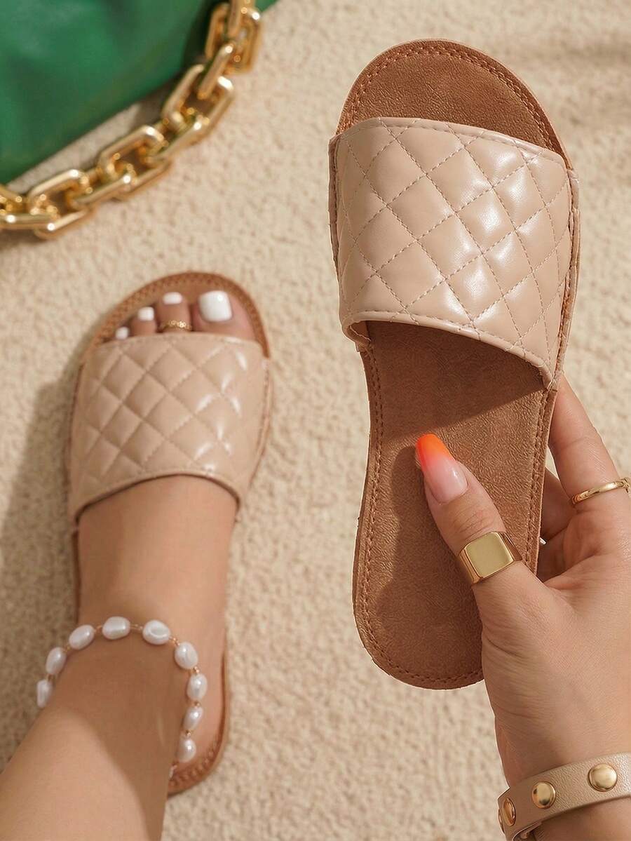 planare 新款女士时尚夏季杏色银色平底凉鞋，适合日常休闲、度假、旅行和通勤穿着 - 杏色 - 查看 1