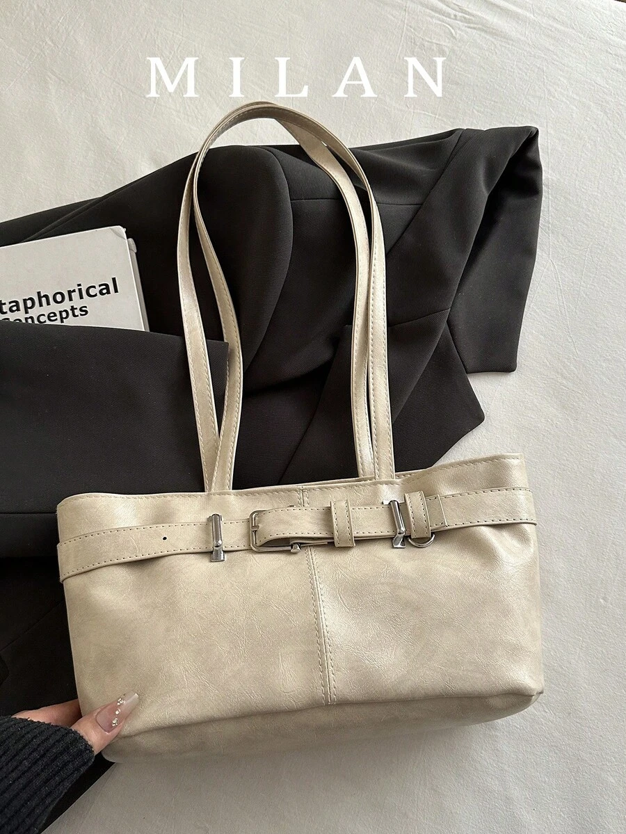 1pc Vintage Large Capacity Tote Bag, Commuter Oversized Underarm Bag, Fashion Motorcycle Bag, PU Solid Color Oiled Wax Leather, Strap Decor, Zipper Closure, Women's Shoulder Bag For Work, School, Travel, Shopping, Business, Suitable For Daily Use