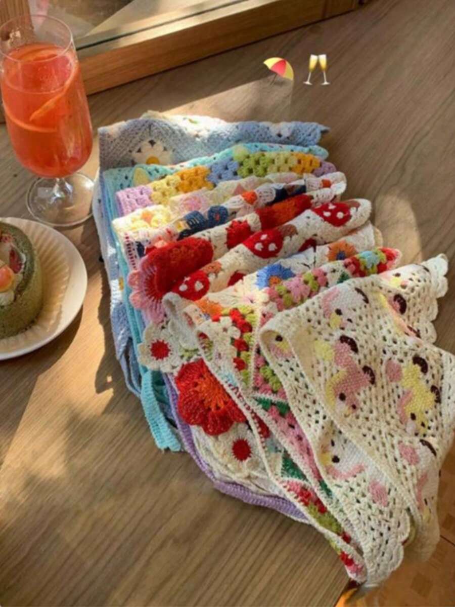 夏季沙滩防晒头巾，女士波西米亚风度假装扮，手工针织三角围巾，发带，花卉头巾，复古法式手工钩编三角围巾，可爱花朵发带，乡村风拍照配饰女士头巾夏季沙滩发带 - 彩色 - 查看 1