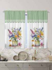 2 piezas Cortina de ventana de cocina con estampado de flores - Diseño de jarrón floral acuarela estilo granja, cortina sin ojales, apta para dormitorio, oficina, cocina, sala de estar, estudio, decoración del hogar - Multicolor - Ver 5