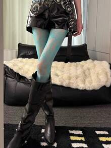 1双春夏彩色连裤袜，纯色蕾丝镂空花卉渔网袜，甜美酷炫哥特风蓝绿色/白色/黑色紧身裤，Y2K复古朋克个性化派对节日街头时尚过膝袜 - 彩色 - 查看 4