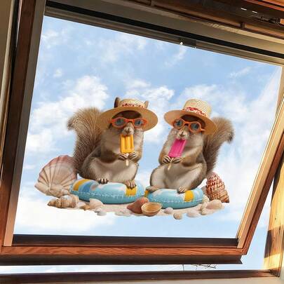 BRUP 1 miếng dán cửa sổ hình sóc mùa hè, decal dán cửa sổ hai mặt tĩnh điện, hình dán động vật biển dễ thương cho cửa sổ kính, trang trí nhà cửa mùa hè cho phòng trẻ em, cửa hàng, tiệc tùng.