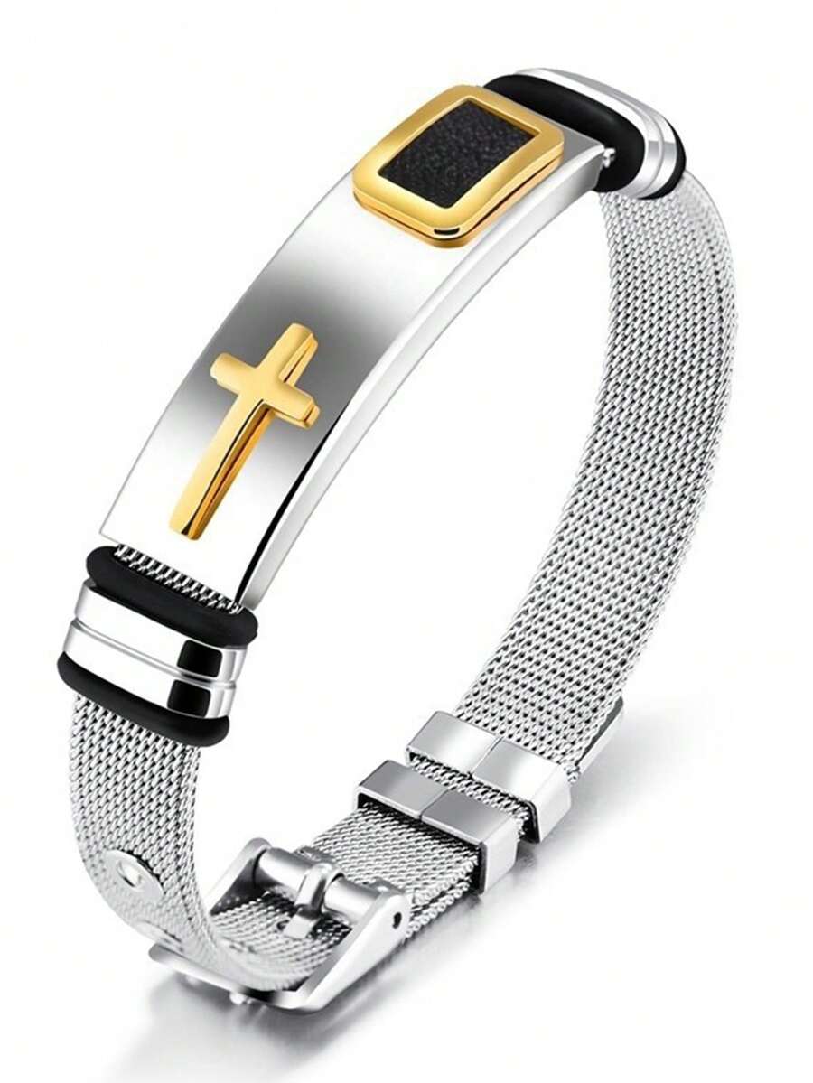1 chiếc vòng tay hình thánh giá bằng thép không gỉ mạ vàng 18K thời trang, có thể điều chỉnh kích thước, quà tặng cho nam giới. - Bạc - Xem 1