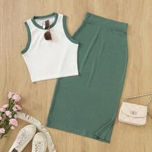 Conjunto de 2 piezas de camiseta sin mangas y falda larga de unicolor con ribete de contraste en estilo vintage elegante para resort, primavera/verano - Blanco y verde - Ver 2