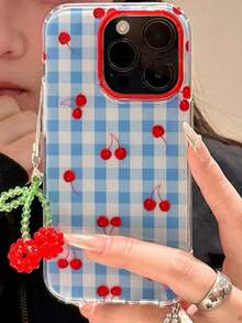 Fashionable Blue Plaid Cherry Pendant Phone Case Suitable For IPhone 17 Pro Max, 17 Pro, 16 Pro Max, 15, 14 Pro, 17 Air, 15 Plus, 13, 12 Pro, 11, Candy Color Protective Cover - Blue Plaid Cherry - View 3