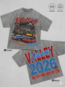 Plus Size Y2K, Washed T Shirt,Printed With Patterns Of A Vintage - Style Auto Repair Shop, Along With The Words 'Dreams Valley',Fashionable Cotton Men's T-Shirt, , Surprise Gift For Friends And Family, Drop Shoulder Sleeves Round Neck - 灰色 - 查看 1