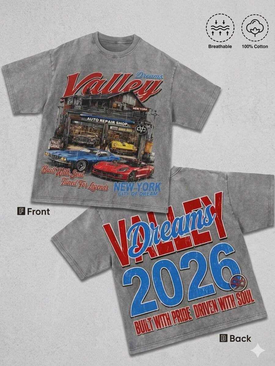 Plus Size Y2K, Washed T Shirt,Printed With Patterns Of A Vintage - Style Auto Repair Shop, Along With The Words 'Dreams Valley',Fashionable Cotton Men's T-Shirt, , Surprise Gift For Friends And Family, Drop Shoulder Sleeves Round Neck - 灰色 - 查看 1