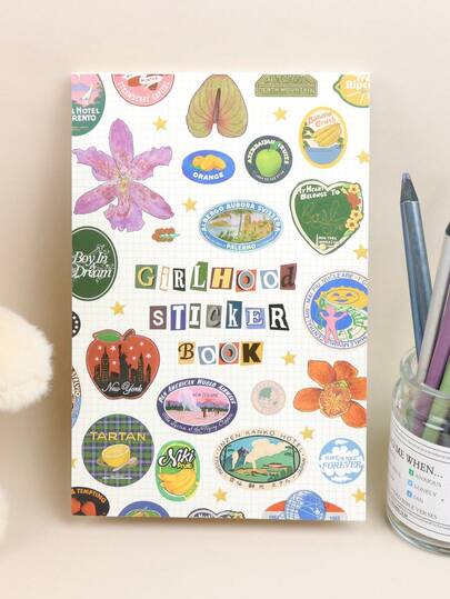 1 PIEZA Libro de pegatinas de viaje y flores vintage - Colección de sellos retro de frutas y hoteles, álbum decorativo A5 para diarios, scrapbooking, manualidades DIY y decoración de planificadores
