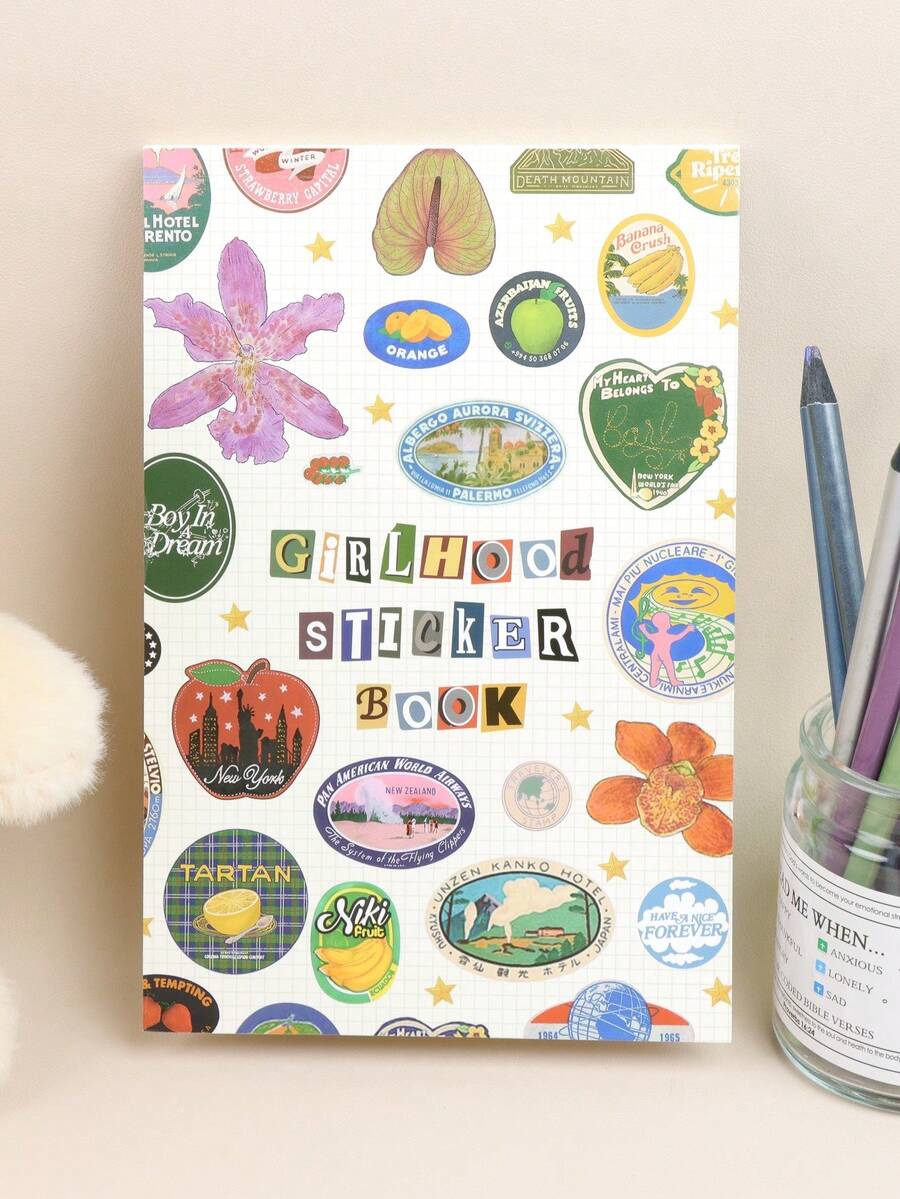 1PC Vintage Travel & Floral Sticker Book - Retro Fruit & Hotel Stamp Sticker Collection, A5 Decorative Album For Journaling, Scrapbooking, DIY Crafts & Planner Decoration - A - View 1