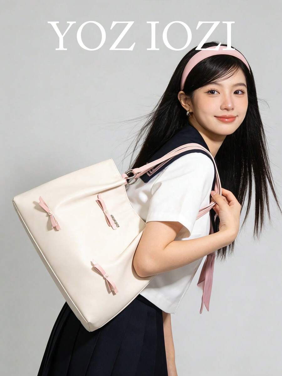 韩式独立设计蝴蝶结手提包,休闲通勤户外日常购物手提包,大容量肩背/腋下包,时尚百搭女士专属包包 - 粉色 - 查看 1
