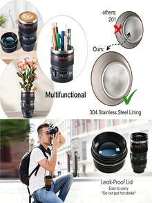Cốc giữ nhiệt bằng thép không gỉ có nắp, cốc cà phê hình ống kính máy ảnh độc đáo, món quà đặc biệt dành cho nhiếp ảnh gia, người thích du lịch, sinh nhật, bạn bè. - màu đen - Xem 3