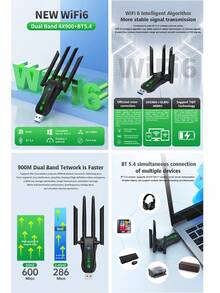 VAORLO 二合一 WIFI6 AX900 USB WiFi 蓝牙 5.4 双频 2.4GHz + 5GHz 四天线 802.11AX USB 3.0 900Mbps WiFi 6 高速网络适配器接收器，兼容 Windows 10/11，支持 MU-MIMO 多设备连接 - 黑色 - 查看 2