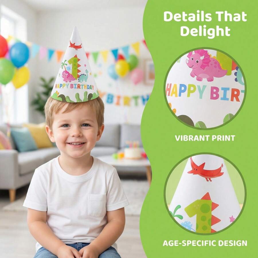 6个儿童生日派对用品纸质三角帽，恐龙主题生日帽，适合1岁宝宝派对，拍照道具 - 彩色 - 查看 1