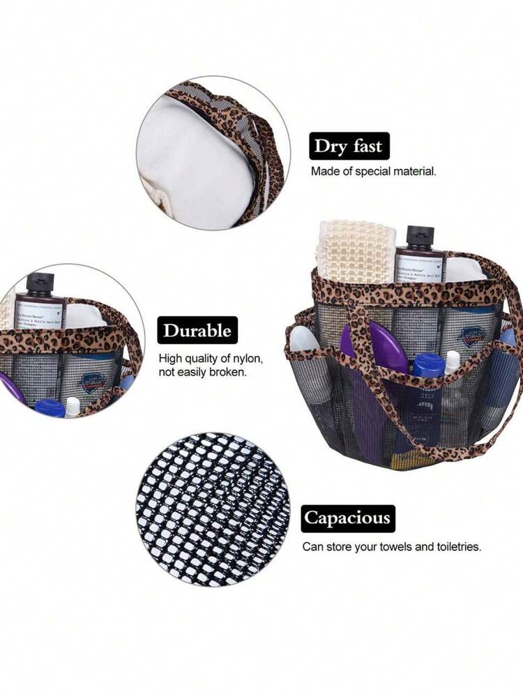 1 chiếc túi treo nhà tắm bằng lưới nhựa dày, in họa tiết da báo, 8 ngăn, dùng trong phòng tắm, đựng đồ dùng nhà tắm, túi lưới đi biển ngoài trời, giỏ đựng đồ dùng nhà tắm, giỏ đựng đồ vệ sinh cá nhân, giỏ đựng đồ bơi, dễ vệ sinh, dung tích lớn, tiện lợi khi sử dụng. - Xem 2