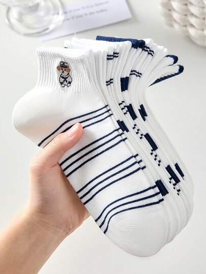 5 Pairs Women's Cute Sweet Bear, Navy Stripe, Polka Dot, Embroidery Design Breathable Short Invisible Socks With Ruffle Hem, Ankle Socks And Short Tube Socks, Fashionable Socks In Ins Style, White Socks, Pink Socks, Suitable For Daily Casual Wear In Spring, Summer, Autumn And Winter, All-Season Applicable