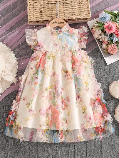 Left Mama Đầm tay ngắn bằng vải lưới in hoa dễ thương cho bé gái, thích hợp cho kỳ nghỉ và du lịch.