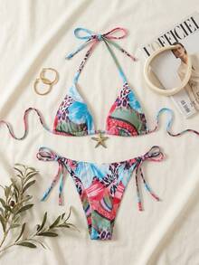 Bộ đồ 2 món mùa hè, họa tiết da báo và hoa lá ngẫu nhiên, trang trí sao biển kim loại, gồm áo hai dây và bikini cạp cao, thích hợp cho kỳ nghỉ biển. - da báo - Xem 6