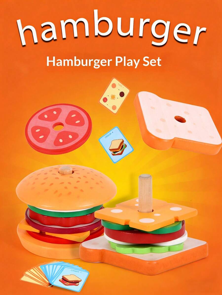 儿童过家家木制汉堡和三明治叠叠乐积木，逼真的食物切割厨房玩具套装，幼儿木制汉堡、薯条和三明治配套叠叠乐玩具