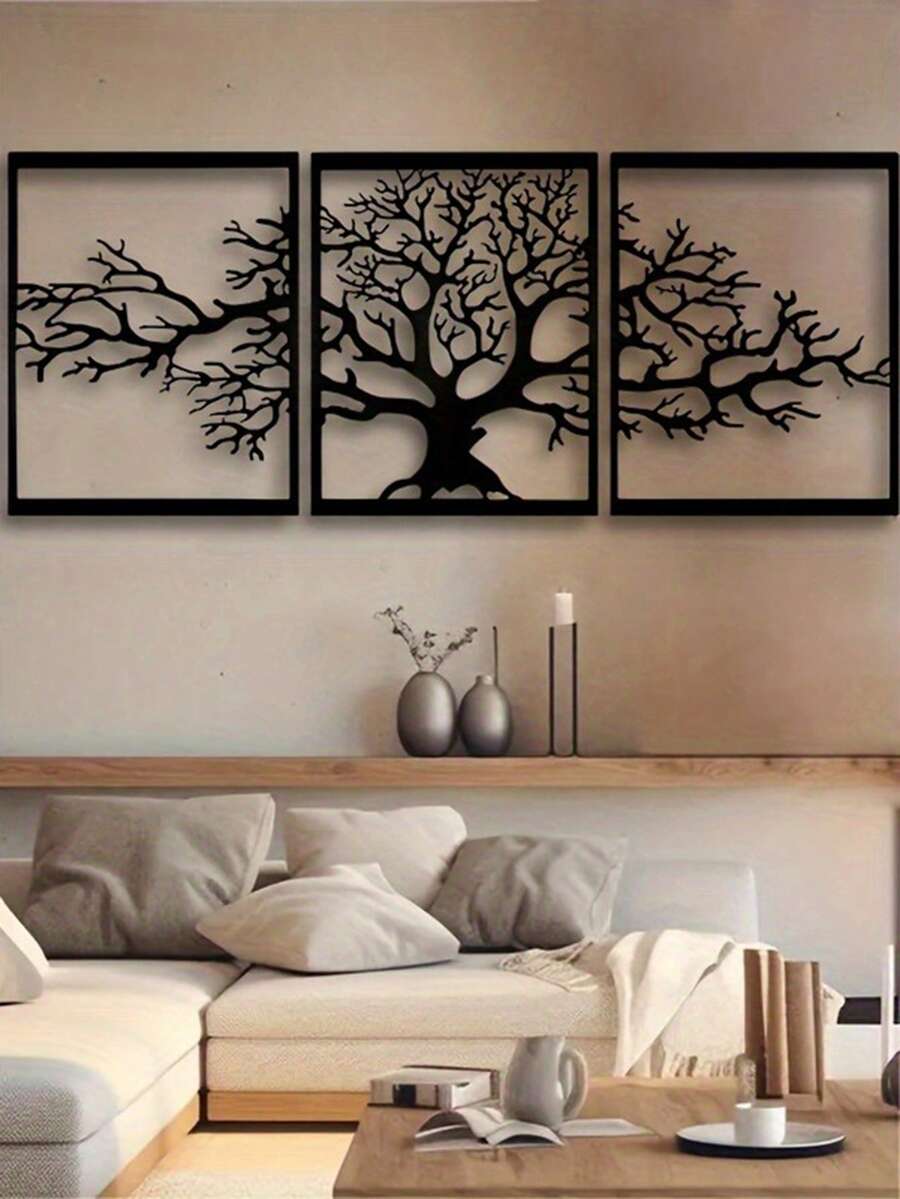 3pcs Metal Tree Wall Art Set - Frameless Iron Decor Suitable For Living ...