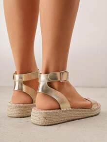 VICES Sandals With Thick Braided Sole And Ankle Strap - Gold - View 4
