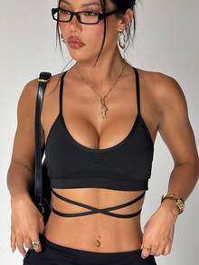 Women's Fashionable Solid Color Removable Padded Backless Tie-Up Sports Knit Bra - Black - View 3