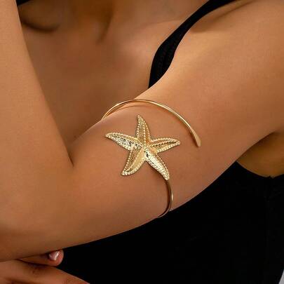 1pc Vintage Metal Minimalist Niche Starfish Adjustable Bangle, Fashionable Versatile Elegant Accessory Suitable For Women Beach Holiday Wear