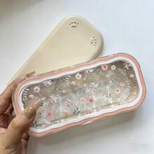 1个透明花卉印花眼镜盒，吸睛透明便携防震手持眼镜收纳盒，复古时尚眼镜盒，男女通用，可爱节日礼物 - 粉色 - 查看 12
