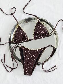 Bộ bikini buộc dây cổ màu trơn, gợi cảm, tối giản, thích hợp cho nữ, đi biển, du lịch, dự tiệc, mẫu mới Xuân/Hè. - Chấm nâu - Xem 4