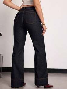 Tall Women's High Waist Pocketed Wide Leg Loose Casual Versatile Jeans Summer And Spring Valentine's Day Wedding Elegant Denim Jeans - Dark Wash - View 2