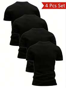 Set de 4 camisetas de manga corta de cuello redondo de unicolor casual para hombres, para verano - Negro - Ver 2