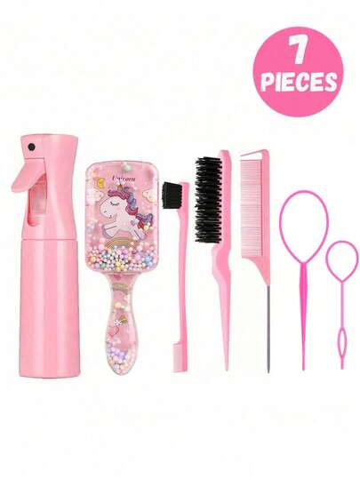 Set de 7 piezas que incluye peine cuadrado y botella rociadora, peine de plástico antiestatico con estampado de la Torre Eiffel, pinza para el cabello portátil con diseño, botella rociadora de alta presión, adecuado para niños y niñas, tipo de cabello normal, mango duradero de ABS, diseño cuadrado lindo, kit de herramientas para el peinado