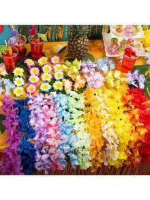 20/10pcs Hawaiian Luau Flower Leis, Includes Hibiscus And Plumeria Flowers - Hawaiian Party Decorative Flower Leis Necklaces, Suitable For Weddings, Baby Showers, Birthdays, Pool Parties Tropical Themed Decorations, Colorful Bulk Hawaiian Party Flower Garland Accessories - Multiple Styles - View 2