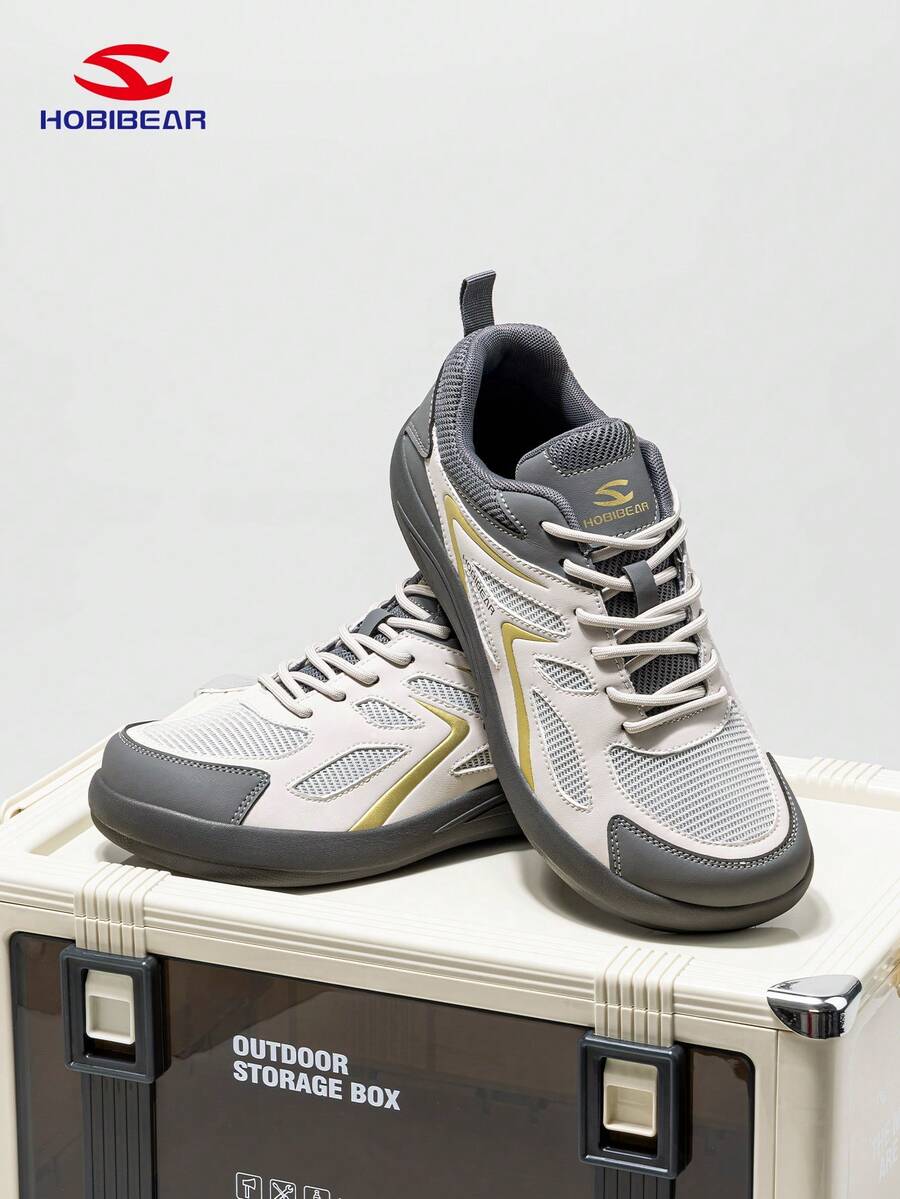 New Stylish Breathable Lace-Up Sports Shoes For Men, Suitable For Outdoor Hiking, Gym, Driving, Commuting, Black - Beige Gray - View 1