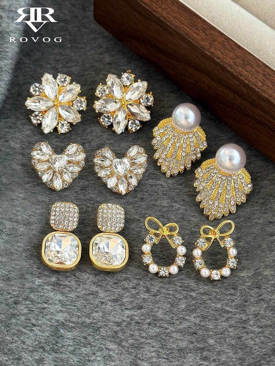 5 Pairs Elegant Rhinestone Glass Flower, Heart, Geometric Faux Pearl Earrings Set, Luxury Suitable For Vacation, Party, Daily Wear, Formal Events - Yellow Gold - View 1
