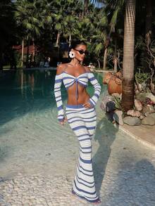 Top corto ajustado con hombros descubiertos, cuello halter con lazo, rayas de contraste y diseño calado + Falda larga ajustada con cintura elástica, conjunto de falda de punto, adecuado para la playa y atuendos de vacaciones para mujeres - Neblina azul - Ver 4